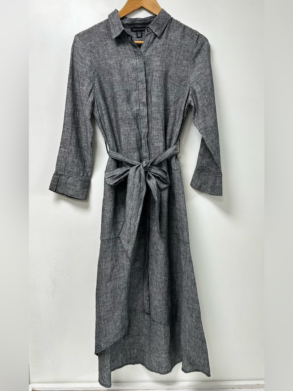 Saks Fifth Avenue 100% Linen Gray Maxi Shirt Dress with Tie Waist Size S